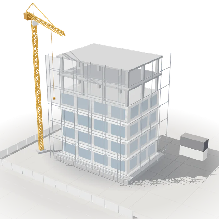 3D-Modell der Baustelle: Gebäude mit Erdgeschoss und 5 Etagen in der Fassadenphase, mit Gerüst an den oberen Etagen, Kran und Bagger