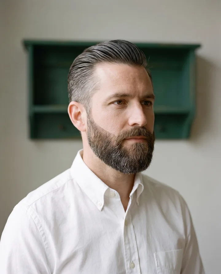 Groomed beard and slicked-back hair