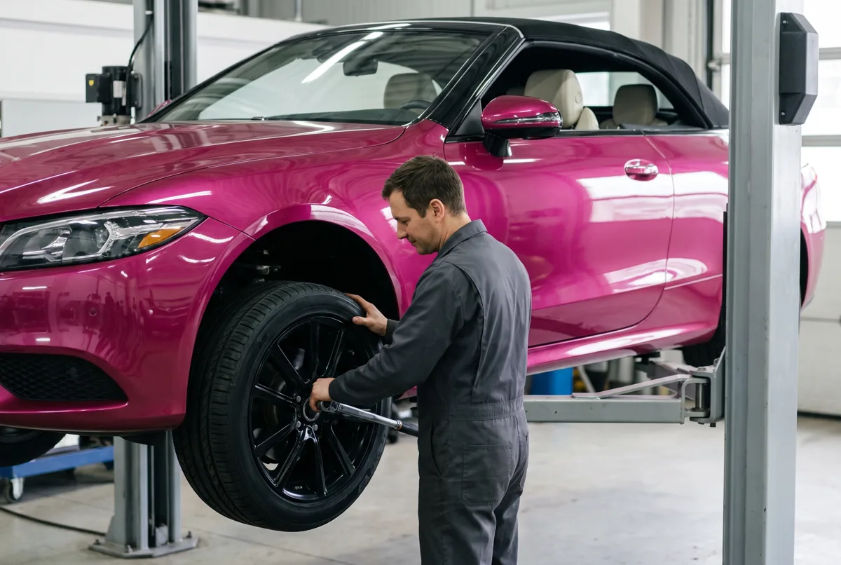 Convertible on a lift in the tyre workshop