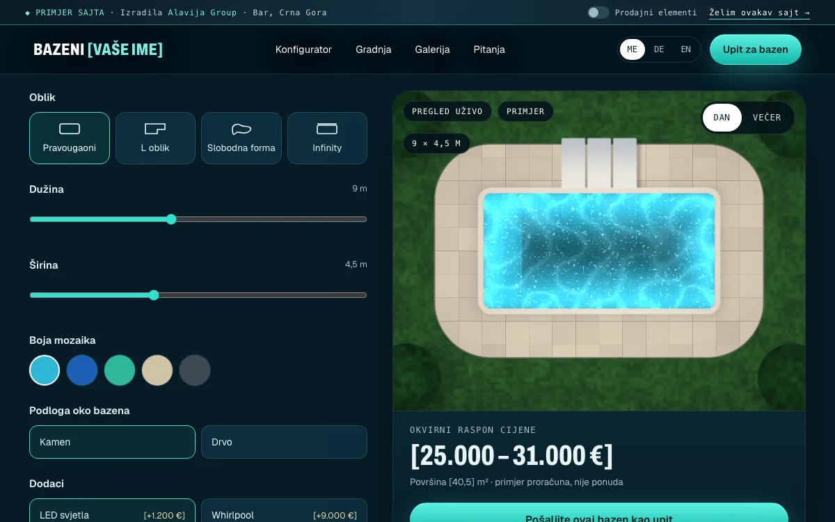 Muster-Website für Poolbauer: Konfigurator mit Live-Vorschau des Pools und ungefährem Preisrahmen