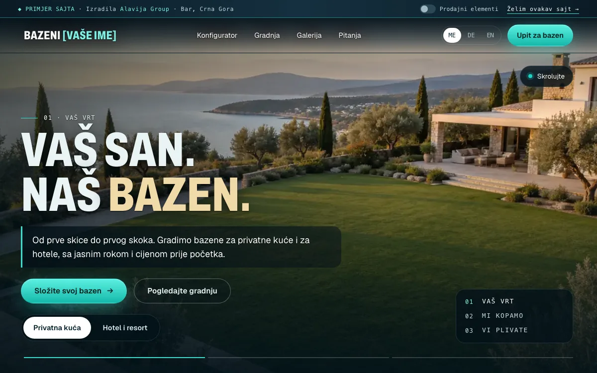 Muster-Website für Poolbauer: Startseite mit Baufilm und Auswahl Privathaus oder Hotel