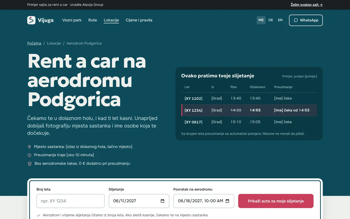 Car rental website example: Podgorica Airport page