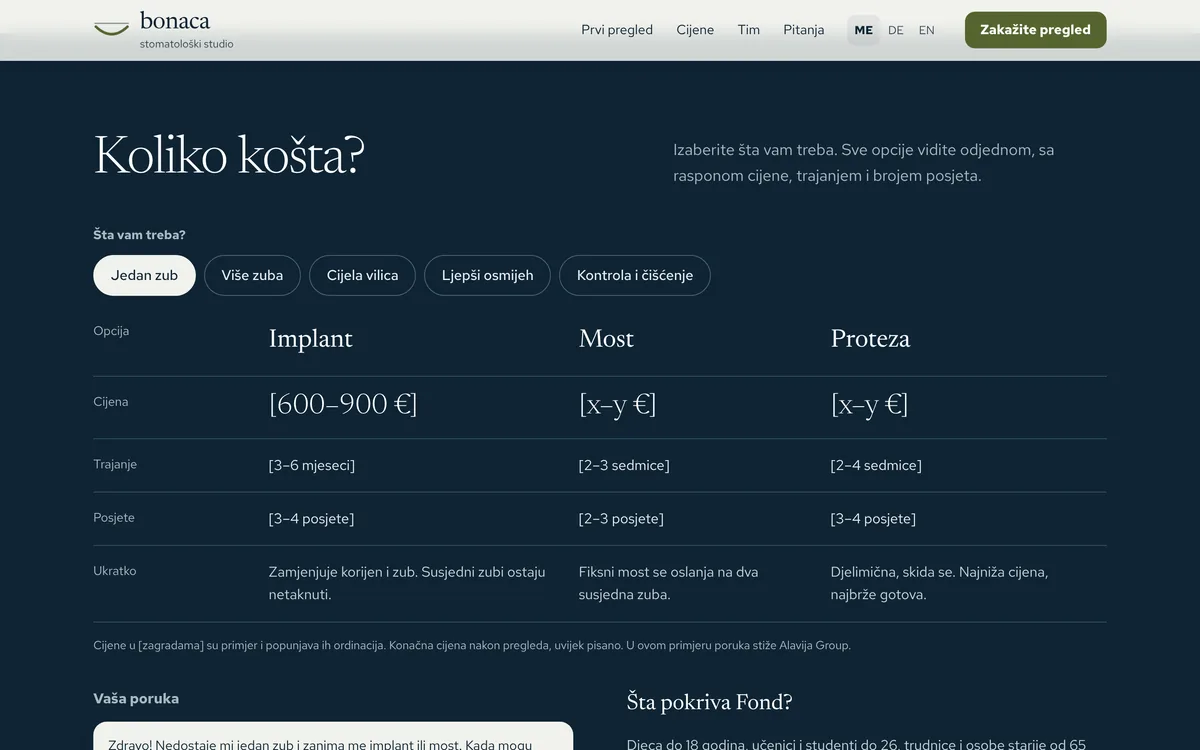 Dental practice website example: cost calculator with price ranges and duration