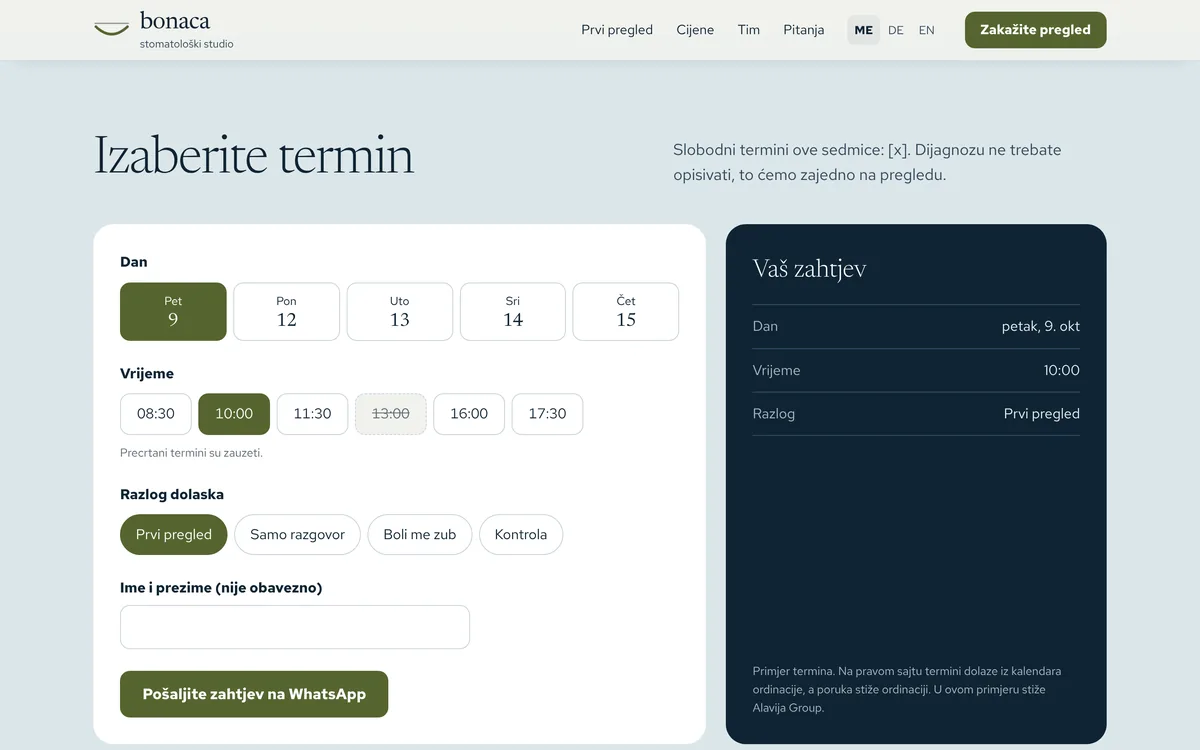 Dental practice website example: appointment picker with a WhatsApp request