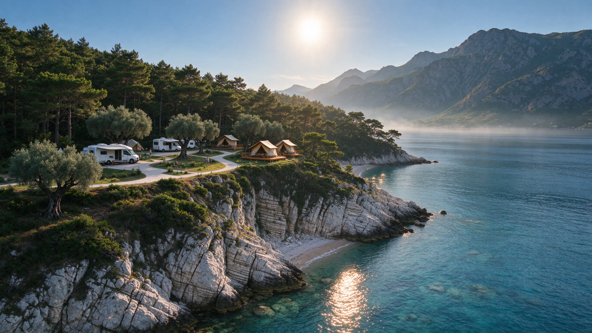 Campsite on a rock above the sea, aerial view