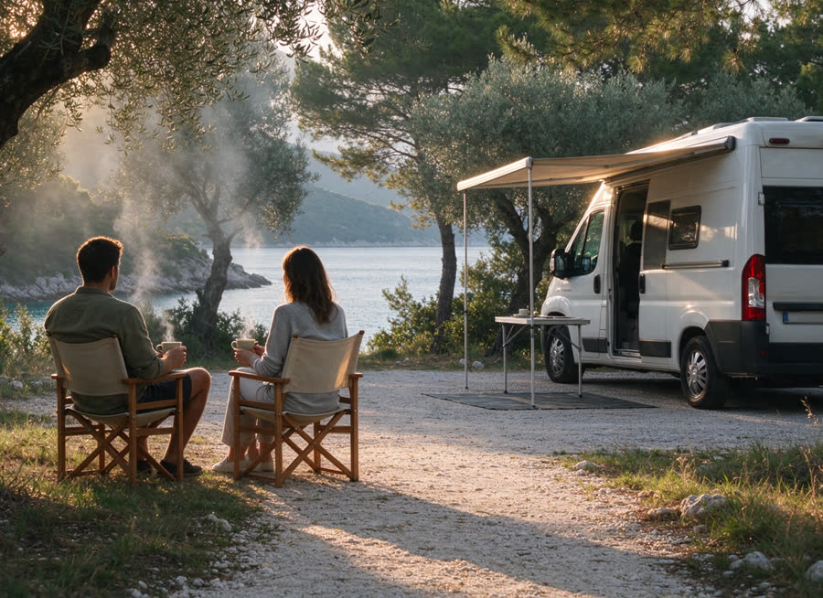 Couple in front of a camper under olive trees