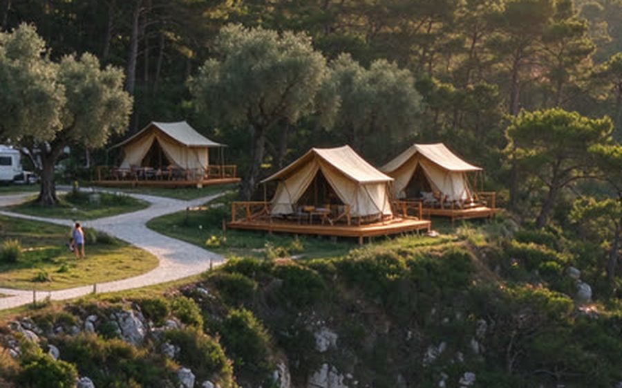 Glamping tents with a wooden deck