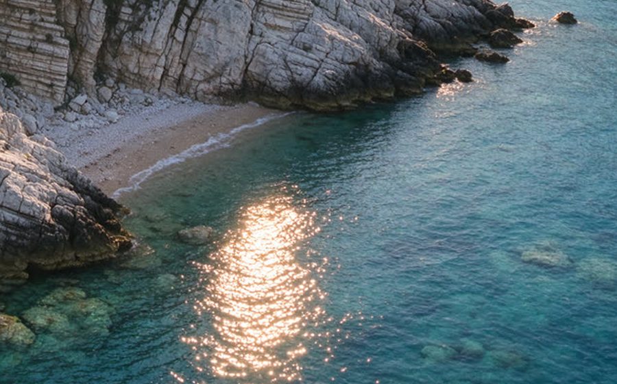 Small pebble beach below the rocks