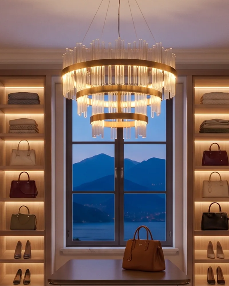 Chandelier of bronze and glass rods above a light oak walk-in closet
