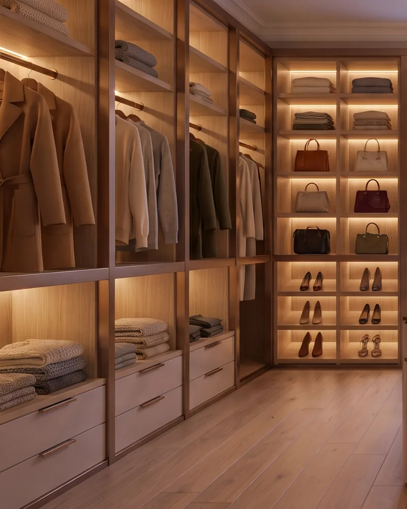 Wall of a light oak walk-in closet: coats on the rail, folded knitwear and white drawers