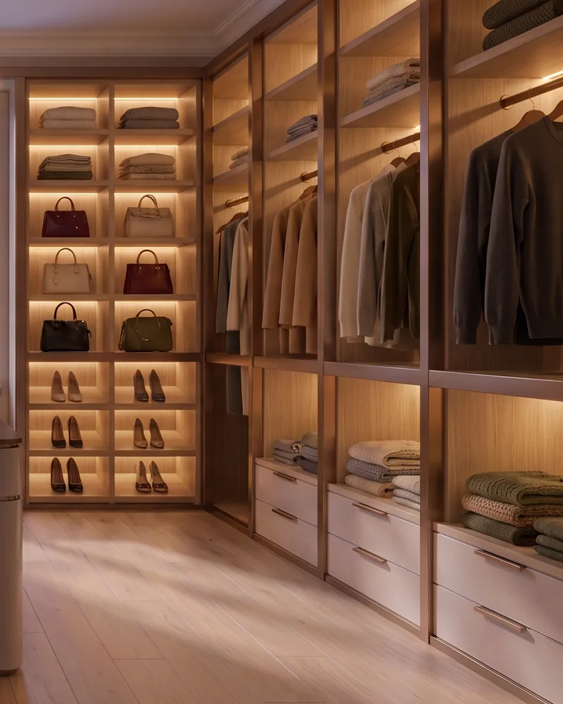 Floor-to-ceiling fitted wardrobe with jackets on the rails, knitwear and drawers