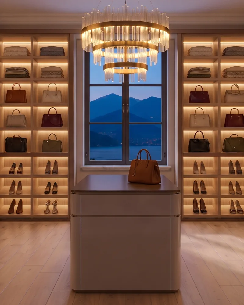 Island in the middle of the walk-in closet in front of the window and shelves with bags and shoes