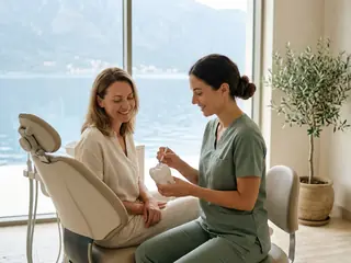 The dentist shows a patient on a tooth model how to clean between her teeth.