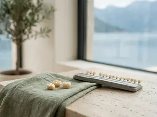 Three ceramic crowns on a green linen cloth next to a tooth shade guide.