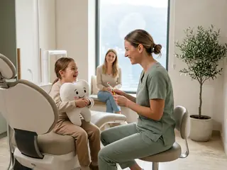 A girl holding a plush tooth laughs with the dentist while her mother sits by the window.